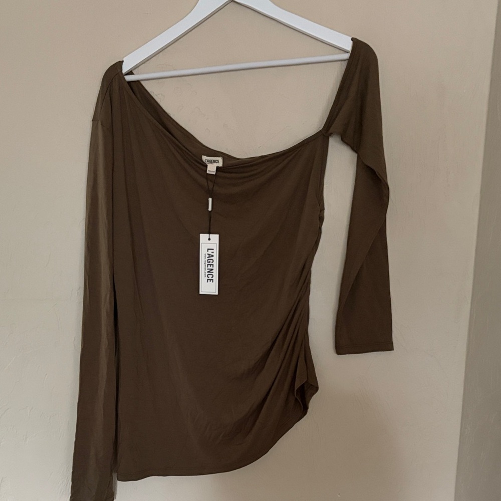 L'AGENCE Dark Olive Long Sleeve One-Shoulder Top.